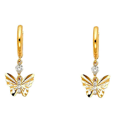 14K Yellow Gold CZ Hanging Huggies Earrings
