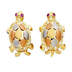 14K Tri Color Gold Turtle Earrings With Clip Lock