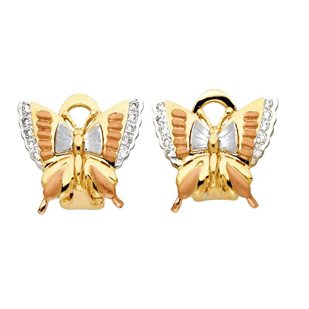 14K Tri Color Gold Butterfly Earrings WithClip Lock