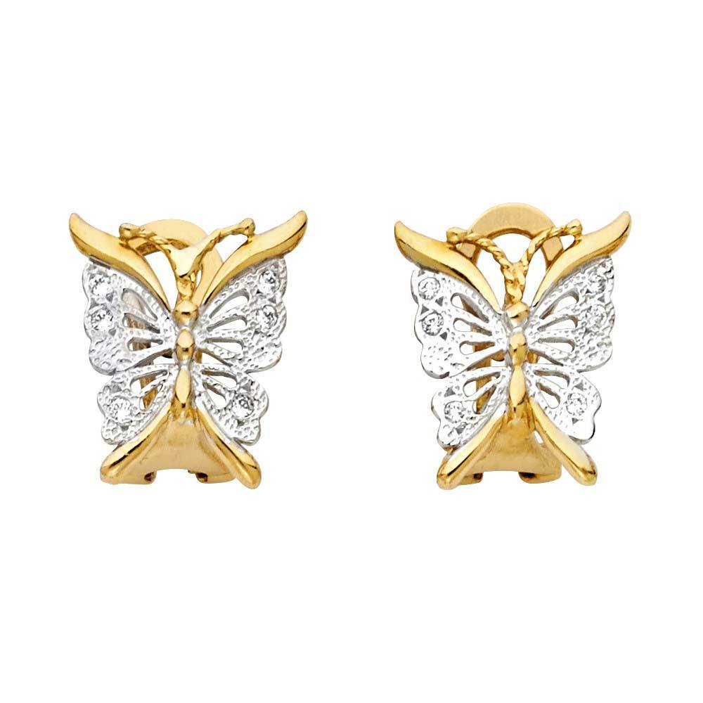 14K Two Tone Gold Butterfly Earrings WithClip Lock