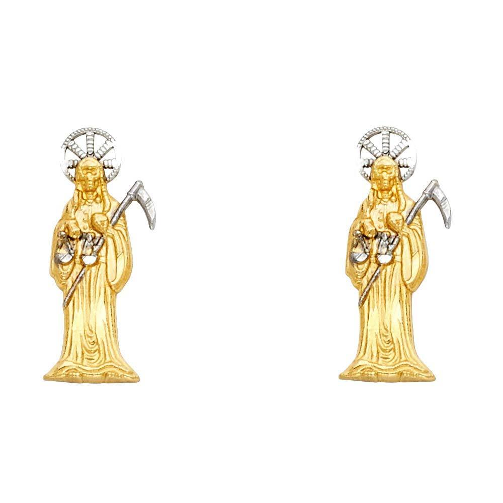 14K Two Tone Gold Santa Muerte Post Earrings