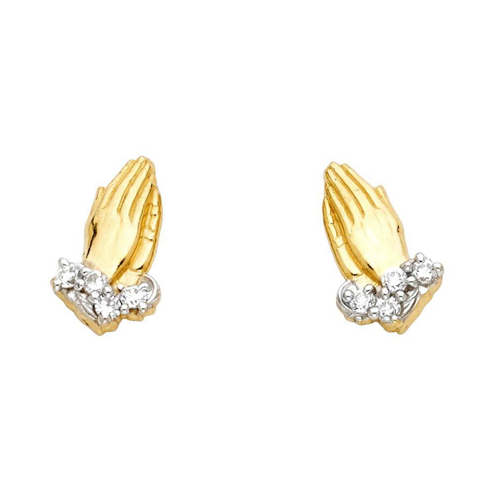 14K Yellow Gold PRAY Hand CZ Post Earrings