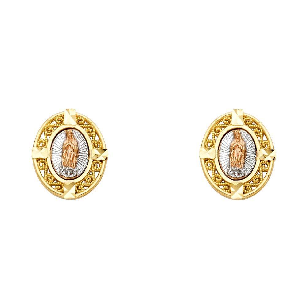 14K Tri Color Gold Our Lady of Guadalupe Post Earrings