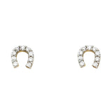 14K Yellow Gold Horse Shoe CZ Post Earrings