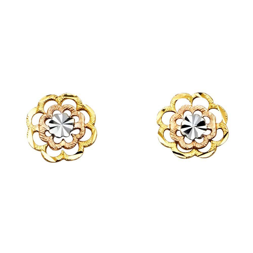 14K Tri Color Flower Post Earrings