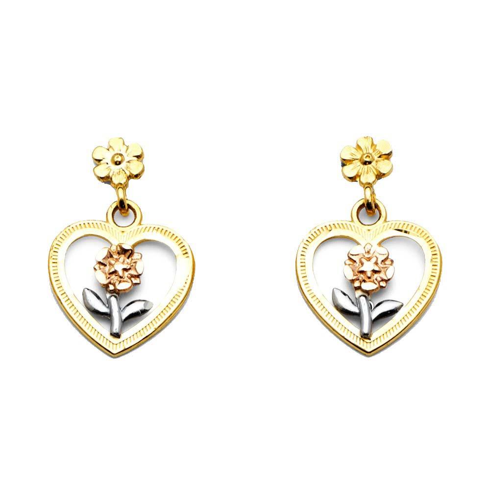 14K Tri Color Hanging Heart Post Earrings