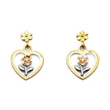 14K Tri Color Hanging Heart Post Earrings