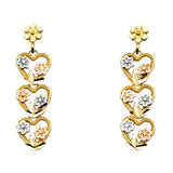 14K Tri Color 8mm Hanging Heart Post Earrings