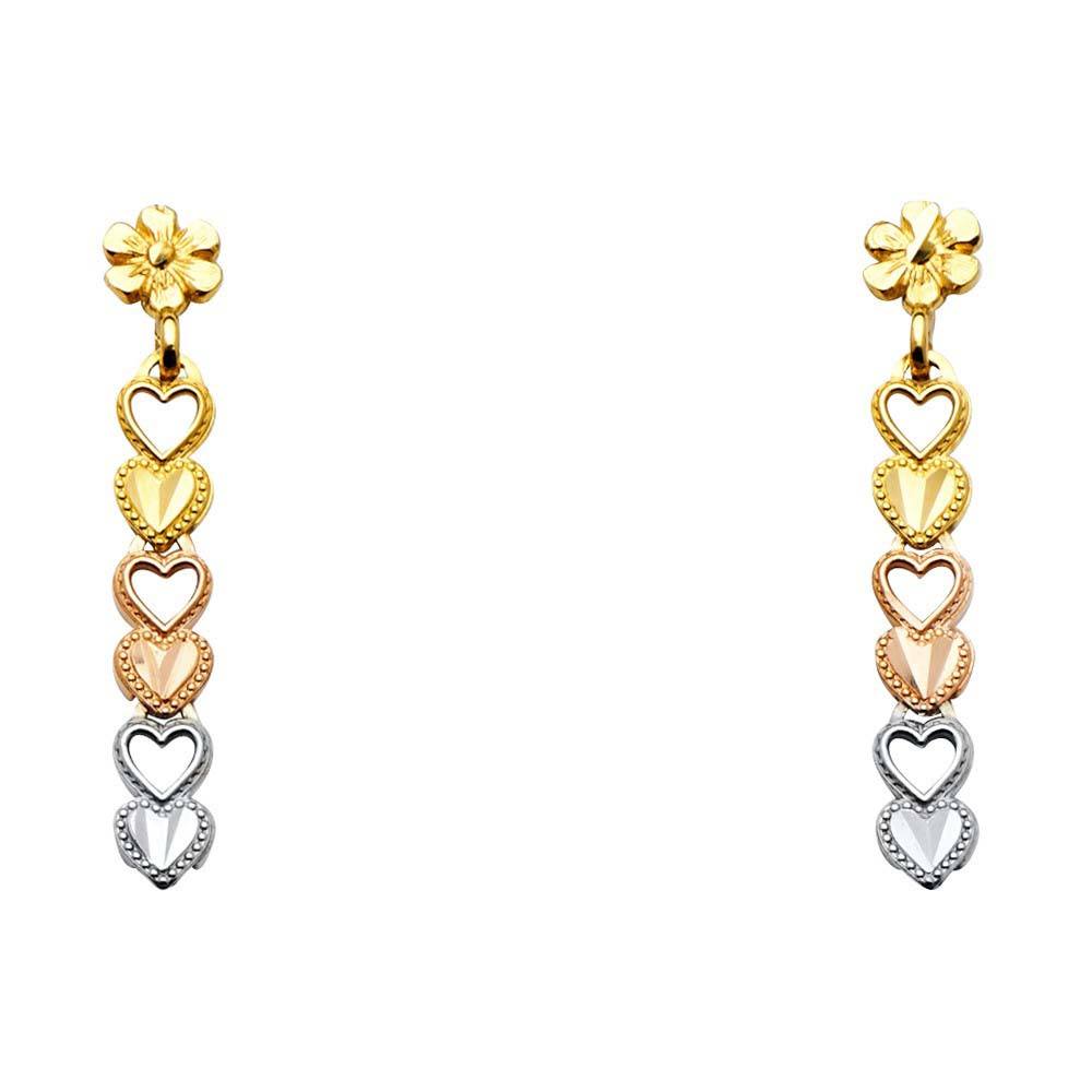 14K Tri Color 4mm Hanging Heart Post Earrings