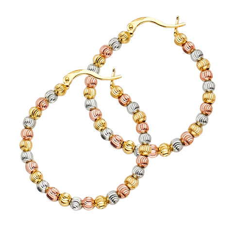 14K Tri Color Fancy Beaded Hoop Earrings