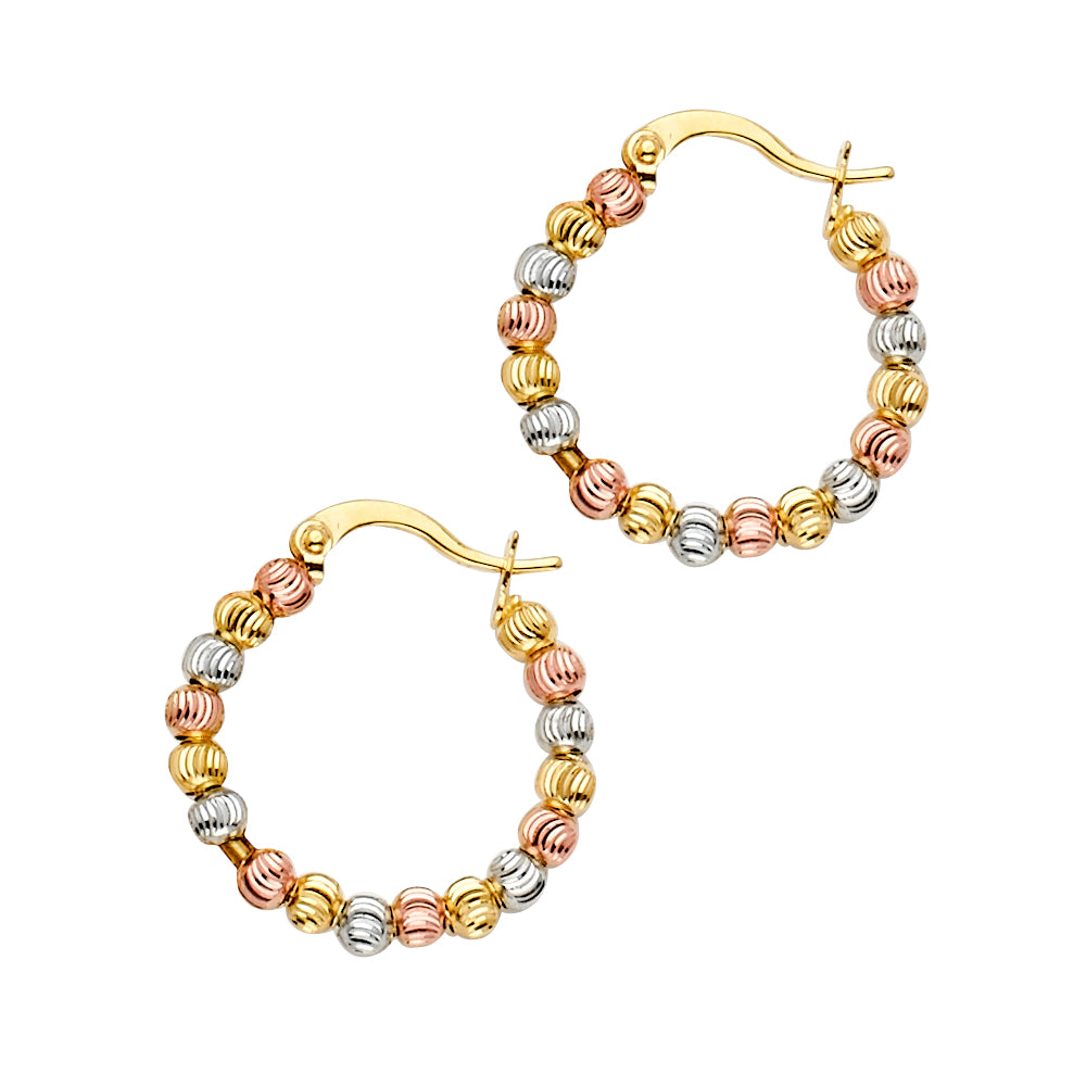 14K Tri Color Fancy Beaded Hoop Earrings