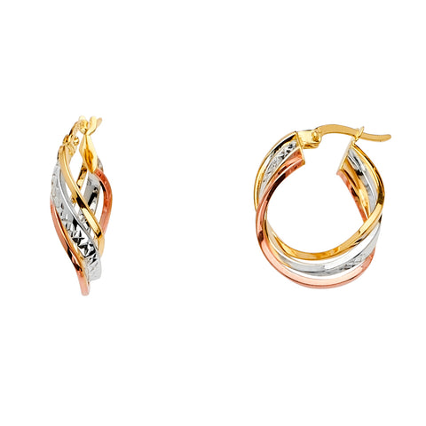 14K Tri Color Small Fancy Hoop Earrings