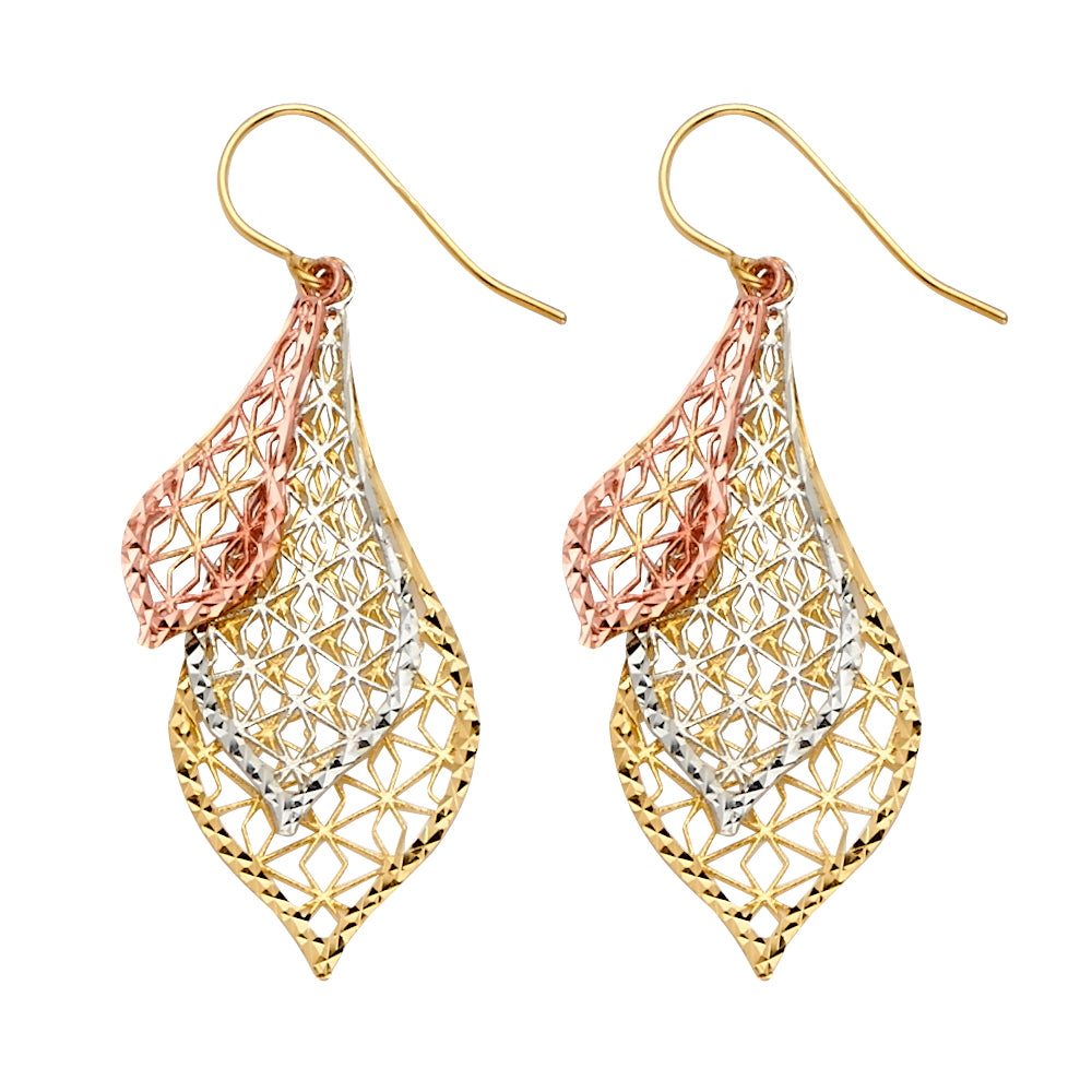 14K Tri Color Gold Design Cut Assorted Earrings