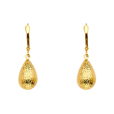 14K Yellow Gold Oval Hollow Teardrop Hanging Earrings
