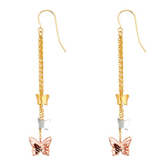 14K Tri Color Butterfly Hanging Earrings