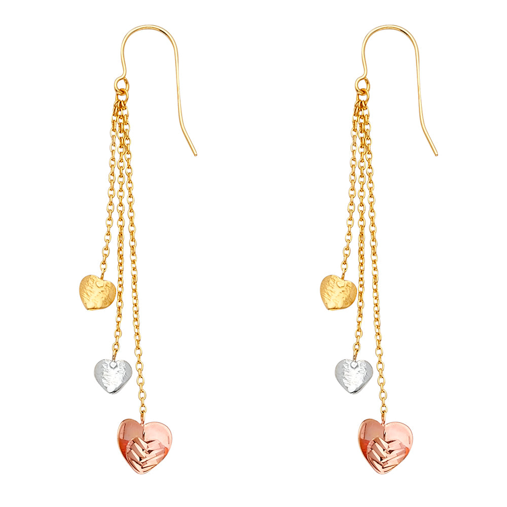 14K Tri Color 3 Heart Hanging Earrings