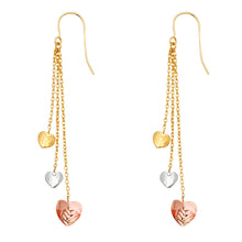 Load image into Gallery viewer, 14K Tri Color 3 Heart Hanging Earrings