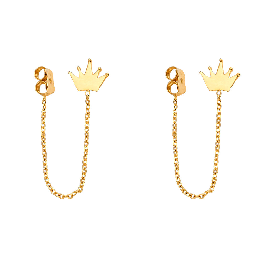 14K Yellow Gold Crown Screw Back Hanging Earrings