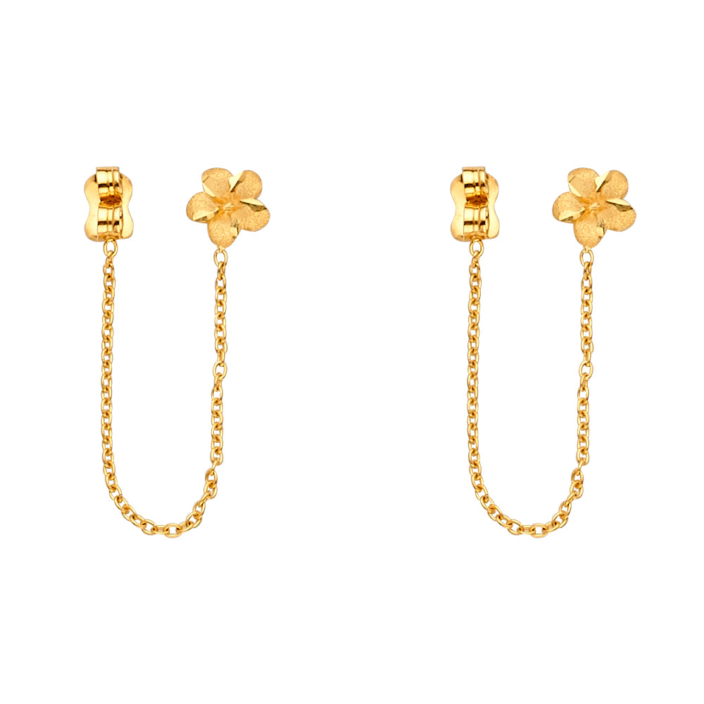 14K Yellow Gold Flower Screw Back Hanging Earrings