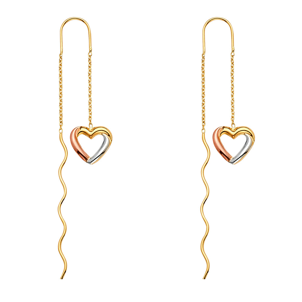14K Tri Color Gold Heart Hanging Earrings