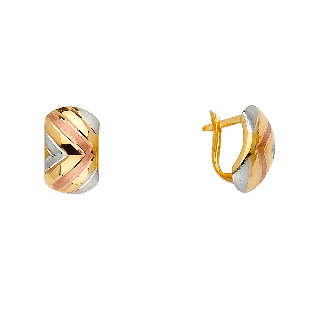 14k Tri Color Gold Half Diamond Cut Huggies Earrings