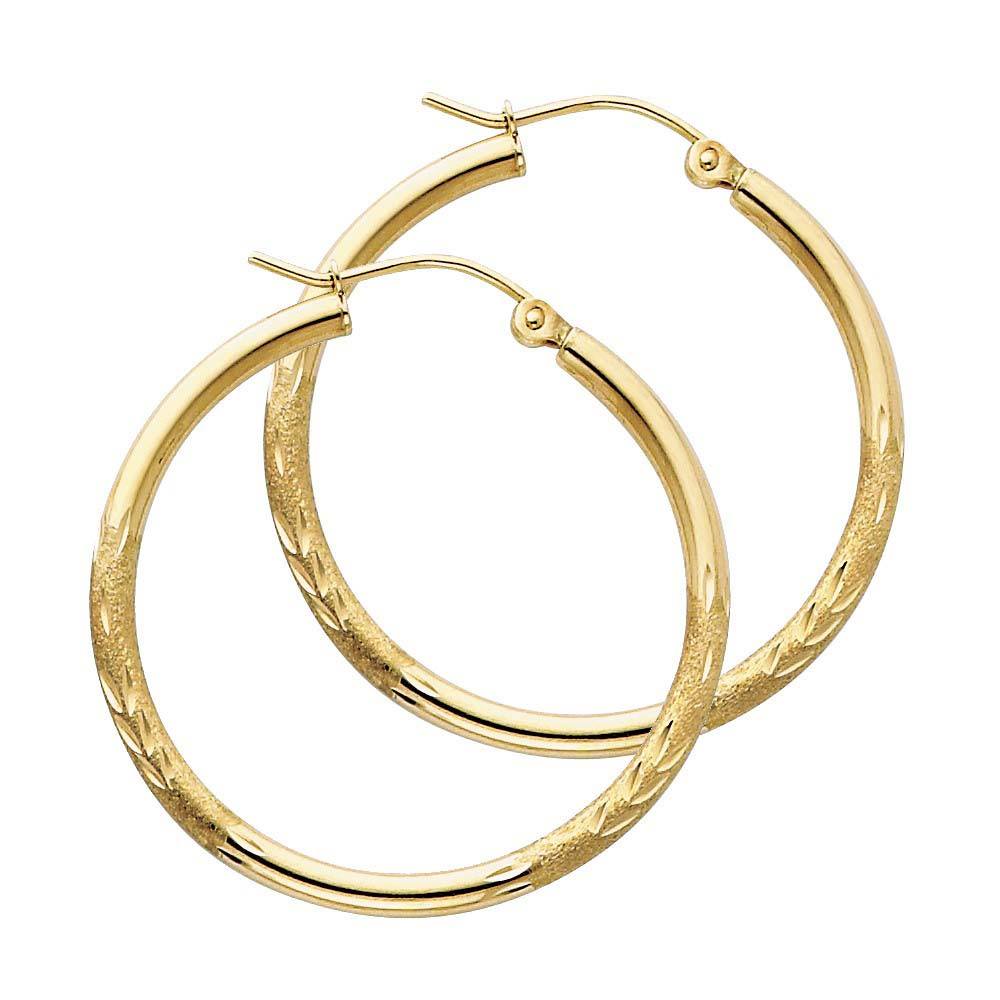 14K Yellow Gold 2mm Diamond Cut Hoop Earrings