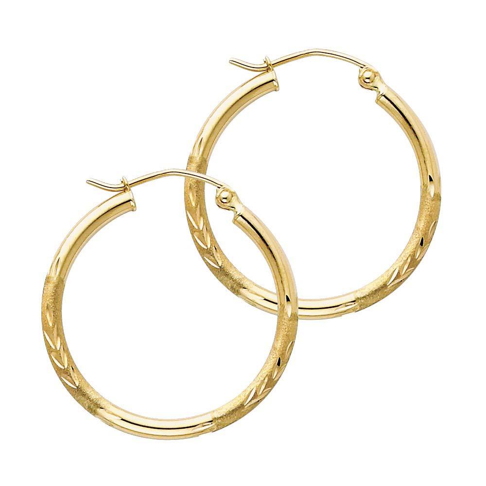 14K Yellow Gold 2mm Diamond Cut Hoop Earrings