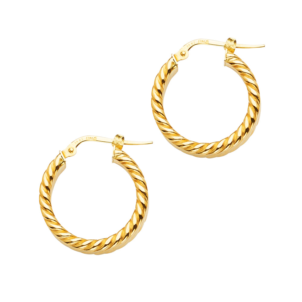 14K Yellow Gold Glitter Polished Round Medium Hoop Earrings