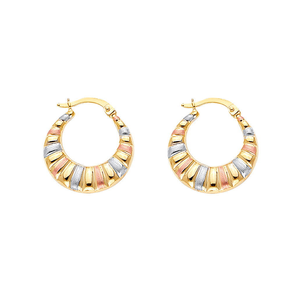 14K Tricolor Double Face Designed Round Hollow Earring Approximately 2.1 Grams