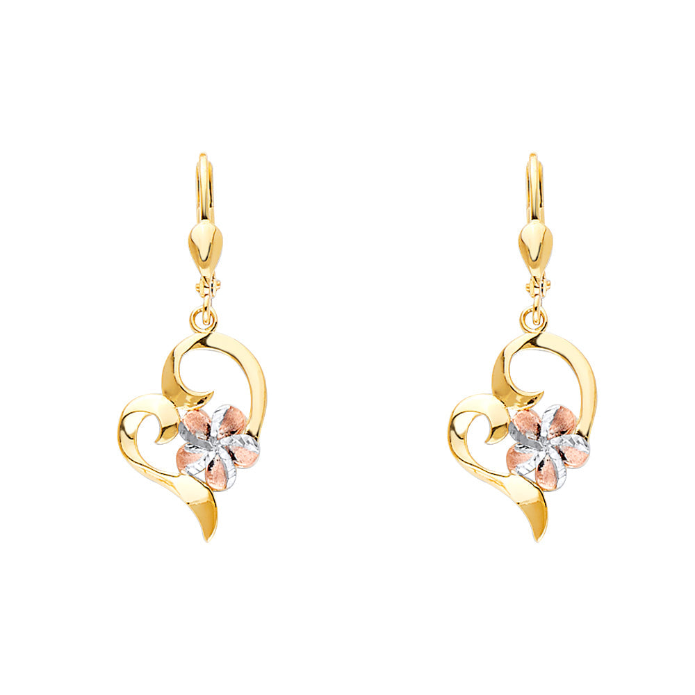 14K Tricolor Heart Lever Back Ear with Hawaiian Flower