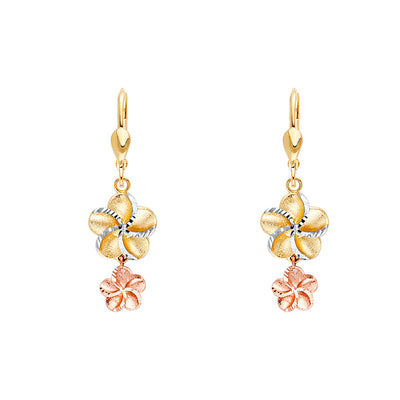 14K Tricolor Hawaiian flower Lever Back Earring
