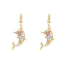 Load image into Gallery viewer, 14K Tricolor Hawaiian flower Dolphin Lever Back Earring