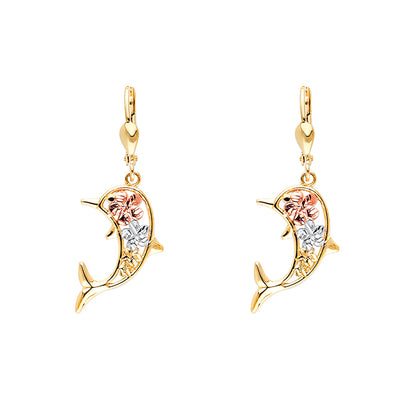 14K Tricolor Hawaiian flower Dolphin Lever Back Earring