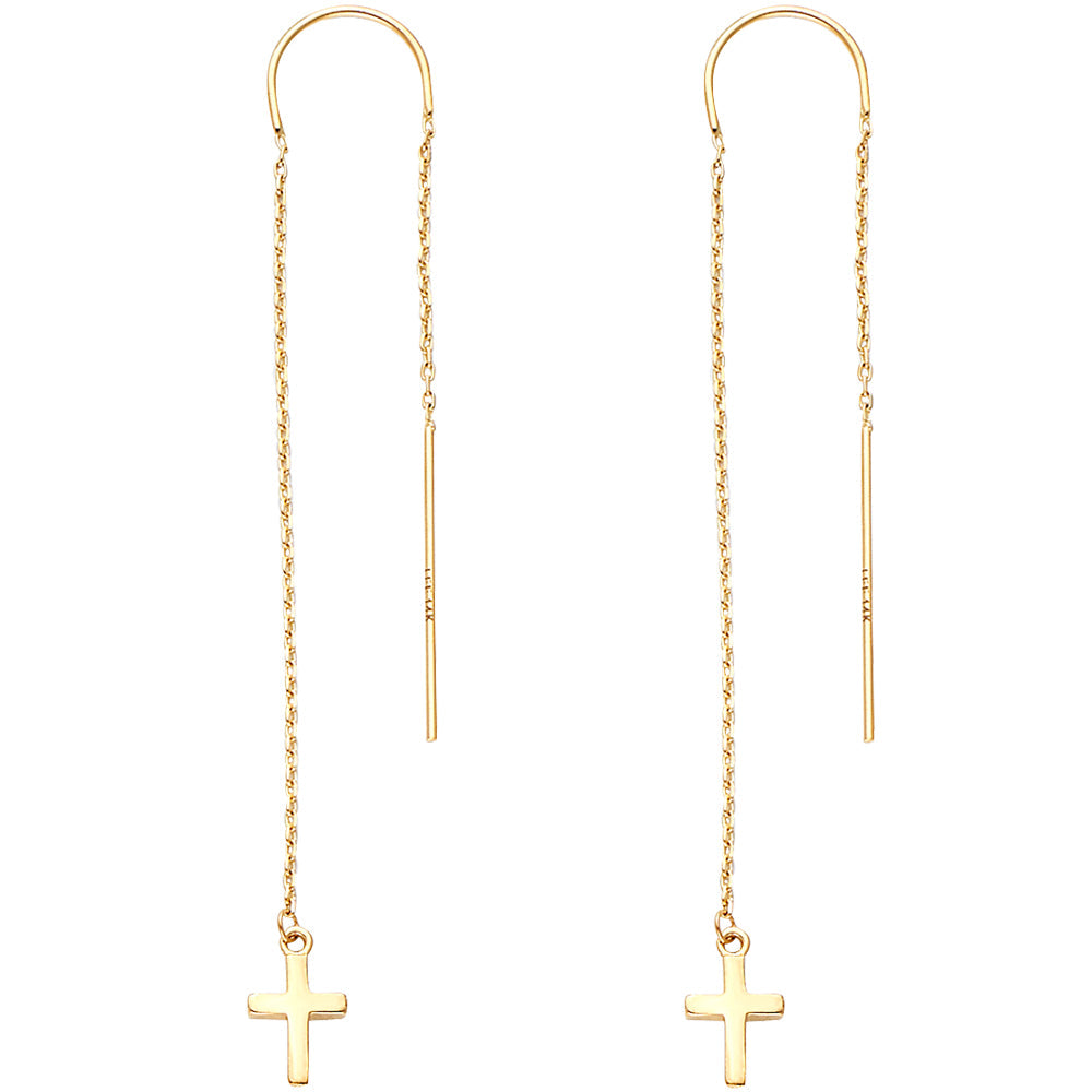 14K Yellow Double Lines Chain Cross Earring