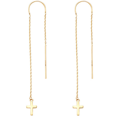 14K Yellow Double Lines Chain Cross Earring