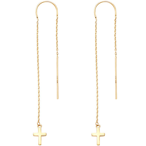 14K Yellow Double Lines Chain Cross Earring