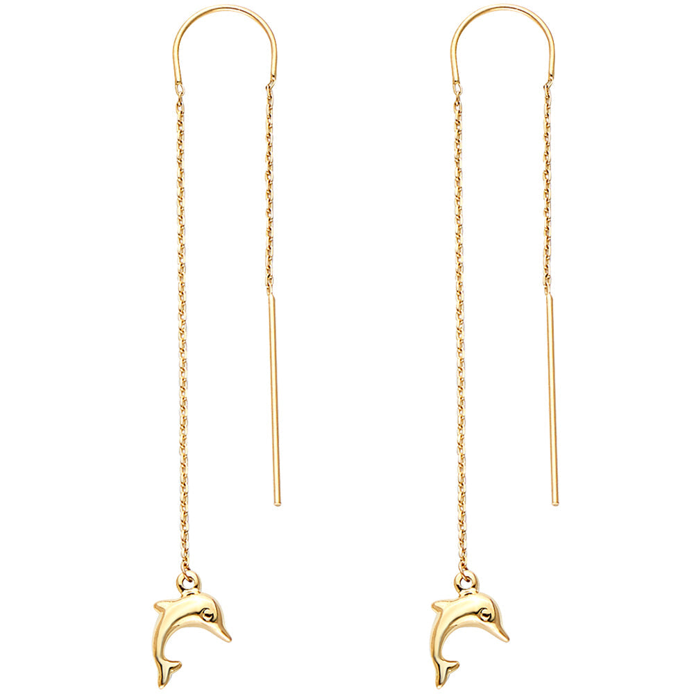 14K Yellow Double Lines Chain Dolphin Earring