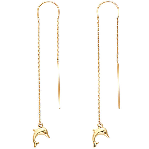 14K Yellow Double Lines Chain Dolphin Earring