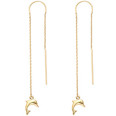 14K Yellow Double Lines Chain Dolphin Earring