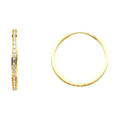 14K Yellow Gold 2mm Clear CZ Semi-Eternity Hoop Earrings
