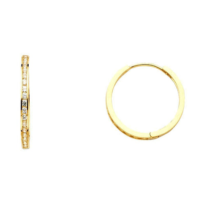 14K Yellow Gold 2mm Clear CZ Semi-Eternity Hoop Earrings
