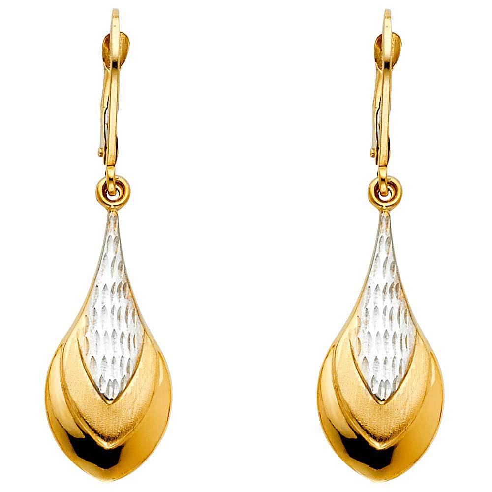 14K Two Tone Gold Teardrop Hanging Earrings