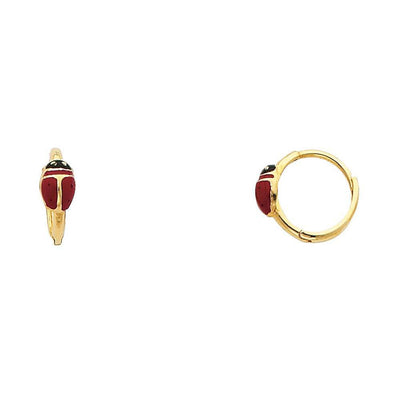 14k Yellow Gold Polished Enamel Style Ladybug Huggie Earrings With Hinge Backing