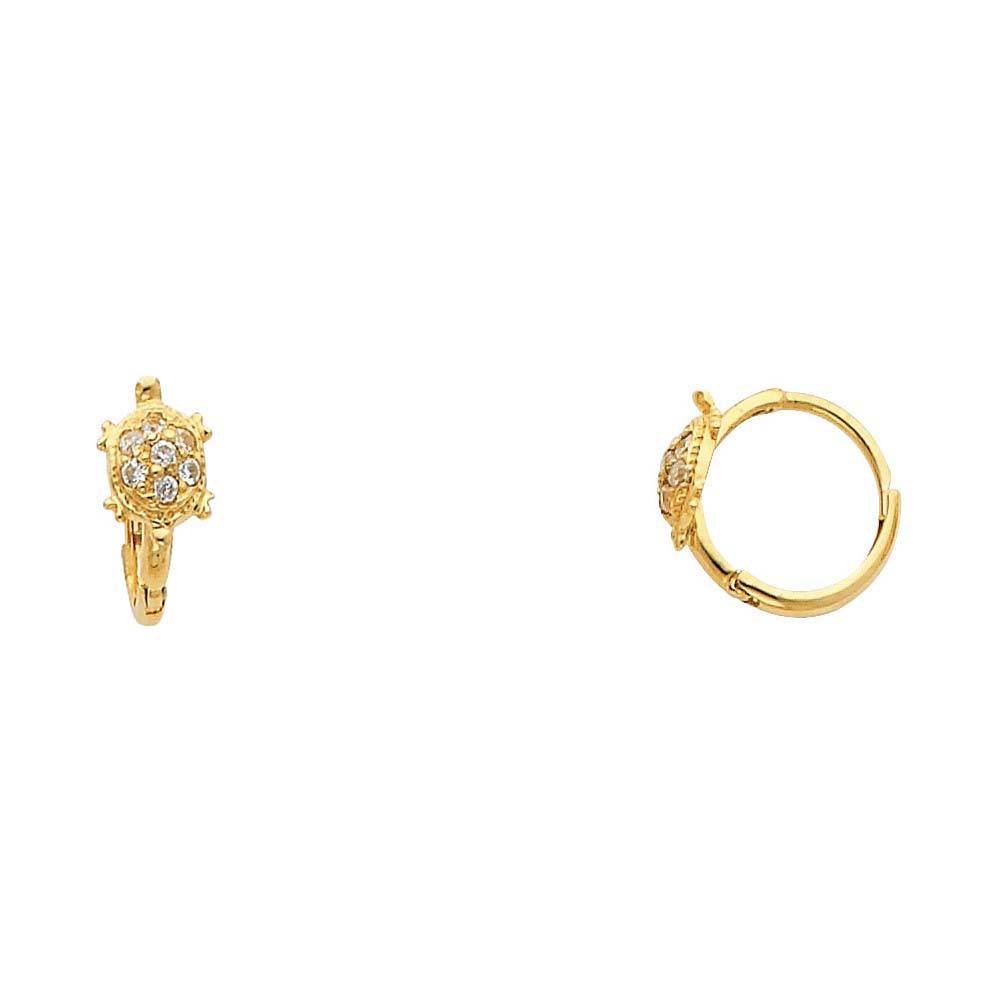 14k Yellow Gold Polished Pave Set Milgrain Style Turtle CZ Huggie Earrings With Hinge Backing