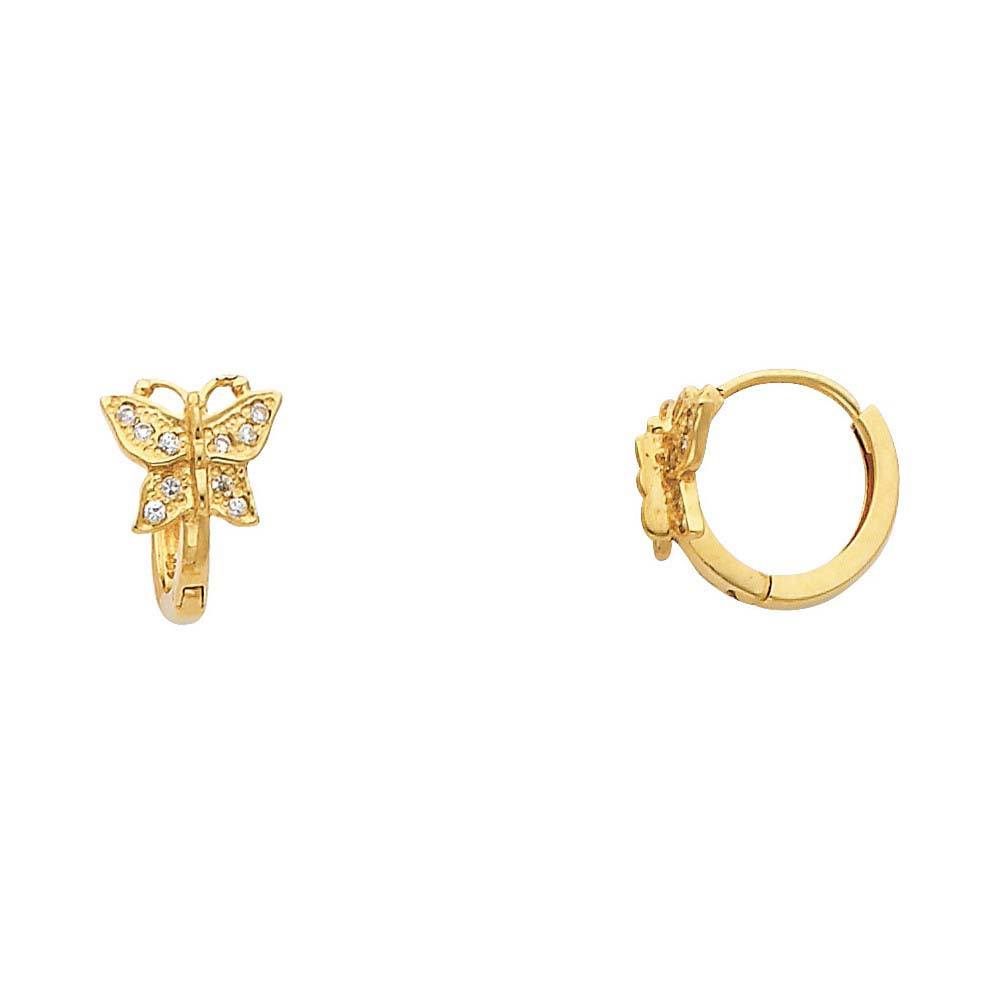 14k Yellow Gold Polished Pave Set Textured Style Butterfly CZ Huggie Earrings With Hinge Backing