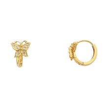 Load image into Gallery viewer, 14k Yellow Gold Polished Pave Set Textured Style Butterfly CZ Huggie Earrings With Hinge Backing