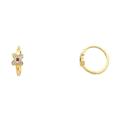 14k Yellow Gold Polished Pave Set Mini Style Flower Purple And Clear CZ Huggie Earrings With Hinge Backing
