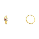 14k Yellow Gold Polished Pave Set Mini Style Flower Purple And Clear CZ Huggie Earrings With Hinge Backing