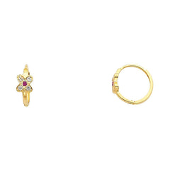 14k Yellow Gold Polished Pave Set Mini Style Flower Purple And Clear CZ Huggie Earrings With Hinge Backing