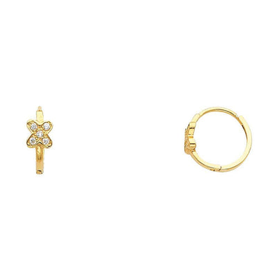 14k Yellow Gold Polished Pave Set Mini Style Flower CZ Huggie Earrings With Hinge Backing